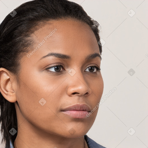 Neutral latino young-adult female with long  brown hair and brown eyes