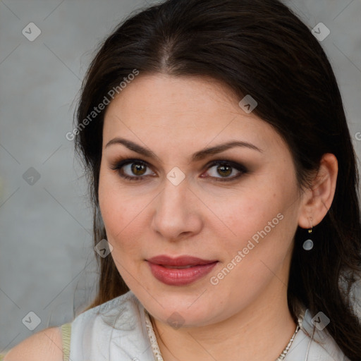 Joyful white young-adult female with medium  brown hair and brown eyes