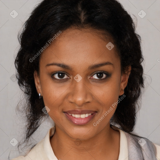 Joyful black young-adult female with medium  brown hair and brown eyes