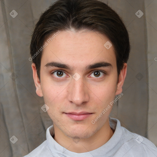 Neutral white young-adult male with short  brown hair and brown eyes