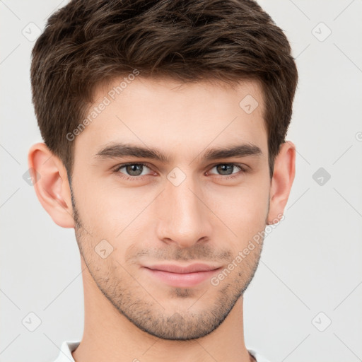 Neutral white young-adult male with short  brown hair and brown eyes