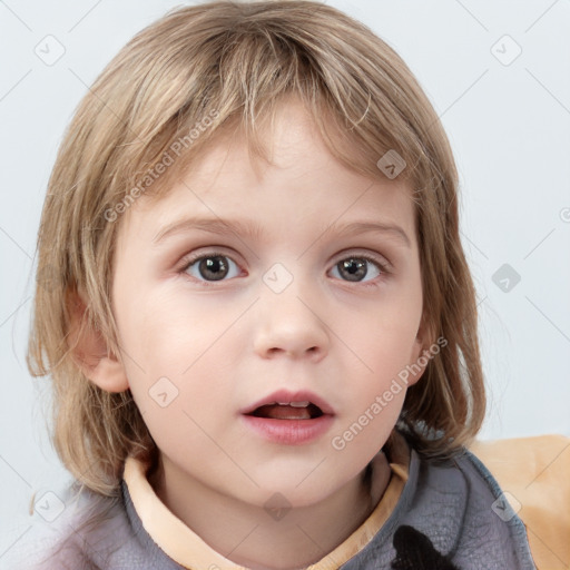 Neutral white child female with medium  brown hair and grey eyes