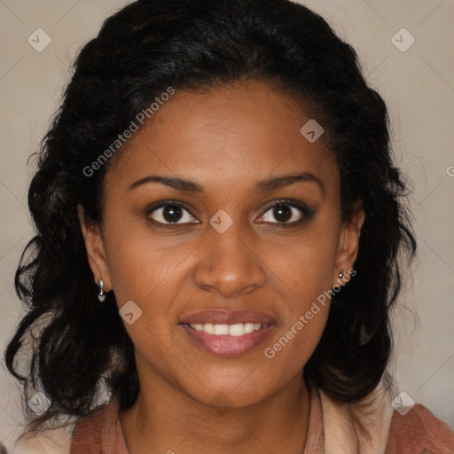 Joyful black young-adult female with medium  brown hair and brown eyes