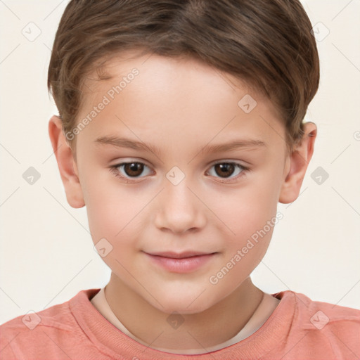 Joyful white child female with short  brown hair and brown eyes