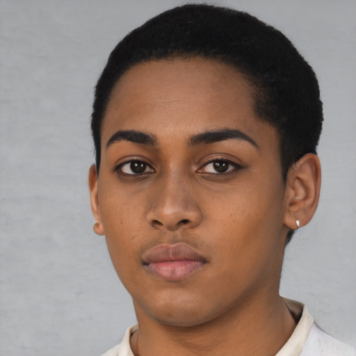 Neutral black young-adult female with short  black hair and brown eyes