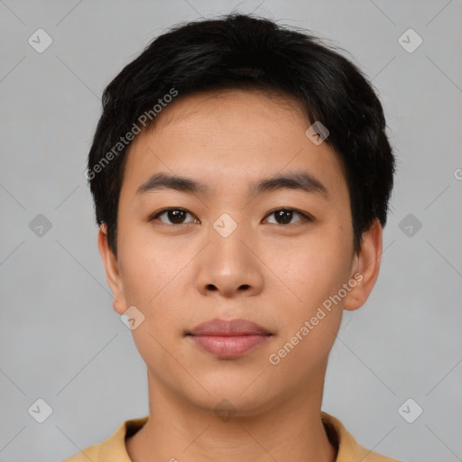 Neutral asian young-adult male with short  black hair and brown eyes