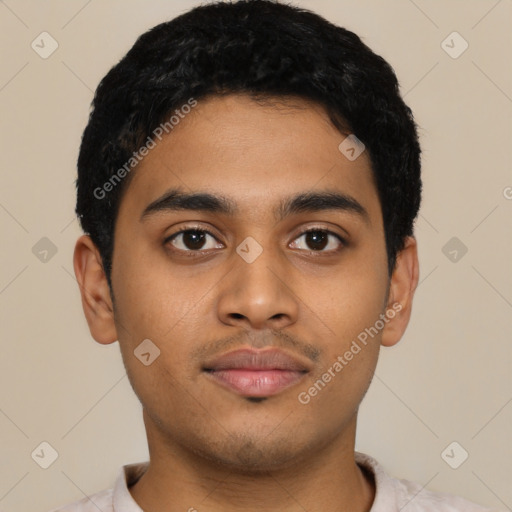 Neutral latino young-adult male with short  black hair and brown eyes