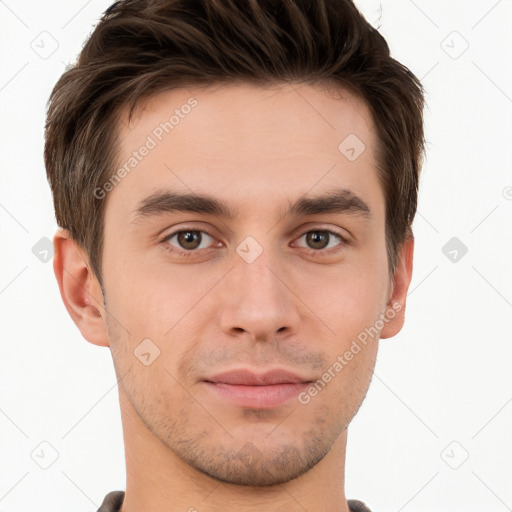 Neutral white young-adult male with short  brown hair and brown eyes