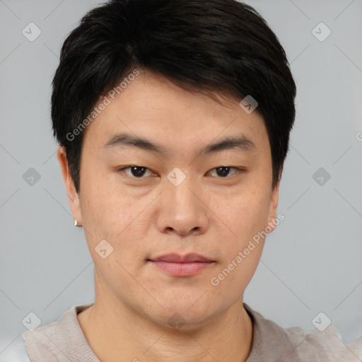 Neutral asian young-adult male with short  brown hair and brown eyes