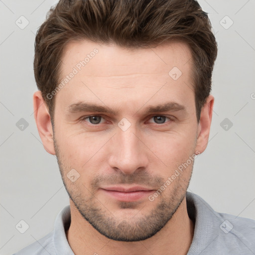 Neutral white young-adult male with short  brown hair and grey eyes