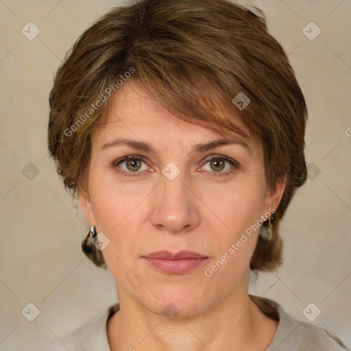 Neutral white adult female with medium  brown hair and brown eyes