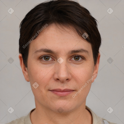 Joyful white young-adult female with short  brown hair and grey eyes