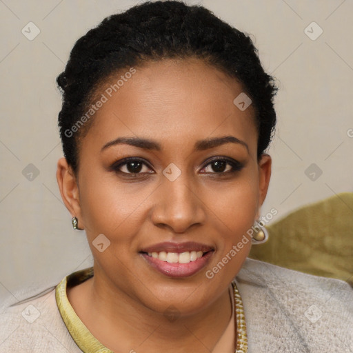 Joyful black young-adult female with short  brown hair and brown eyes