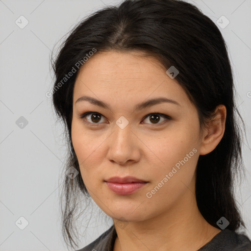 Neutral asian young-adult female with medium  brown hair and brown eyes