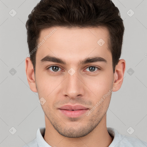 Neutral white young-adult male with short  brown hair and brown eyes