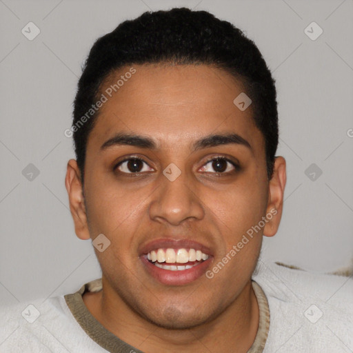 Joyful latino young-adult male with short  black hair and brown eyes