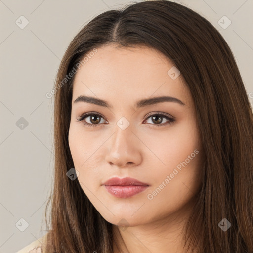 Neutral white young-adult female with long  brown hair and brown eyes