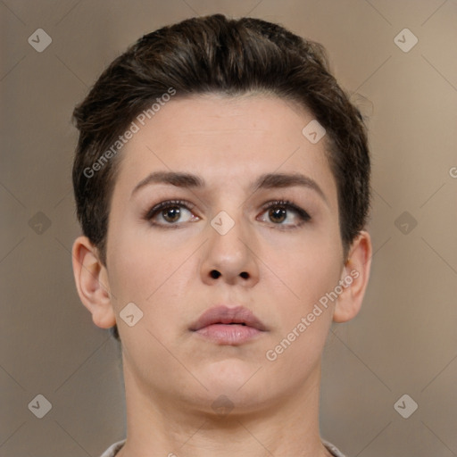 Neutral white young-adult female with short  brown hair and brown eyes