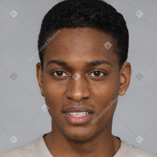 Joyful black young-adult male with short  black hair and brown eyes
