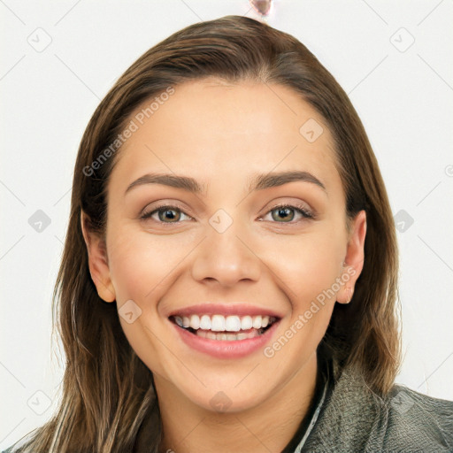 Joyful white young-adult female with long  brown hair and grey eyes