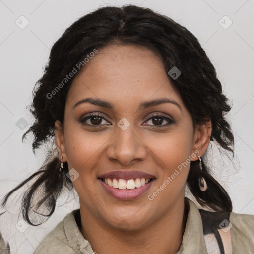 Joyful black young-adult female with medium  brown hair and brown eyes