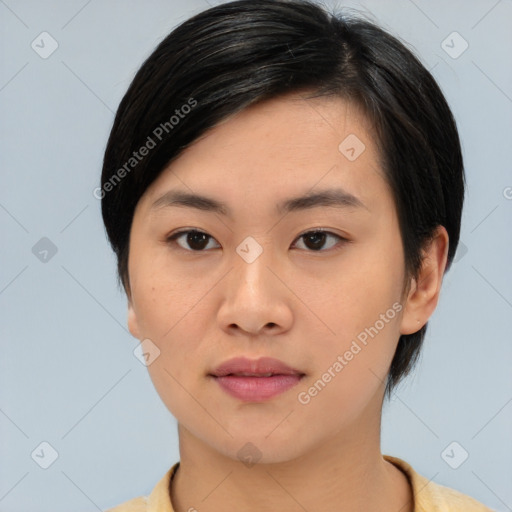 Neutral asian young-adult female with medium  black hair and brown eyes