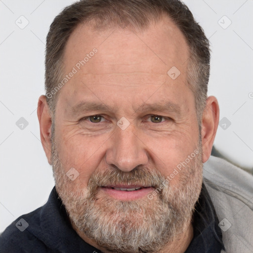 Joyful white middle-aged male with short  brown hair and brown eyes