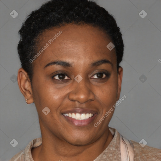 Joyful black young-adult female with short  brown hair and brown eyes