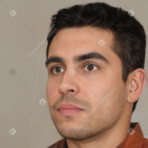 Neutral white young-adult male with short  brown hair and brown eyes