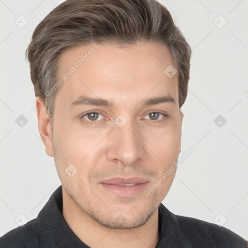 Joyful white adult male with short  brown hair and brown eyes