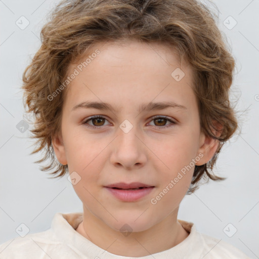 Joyful white child female with short  brown hair and brown eyes