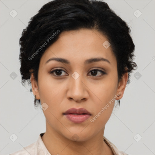 Joyful latino young-adult female with short  black hair and brown eyes