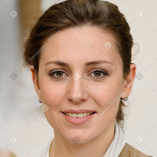 Joyful white young-adult female with medium  brown hair and green eyes