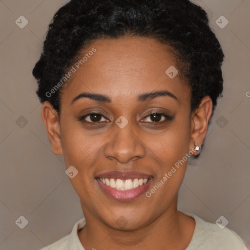 Joyful latino young-adult female with short  black hair and brown eyes