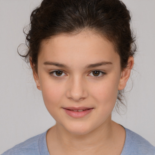 Joyful white child female with medium  brown hair and brown eyes