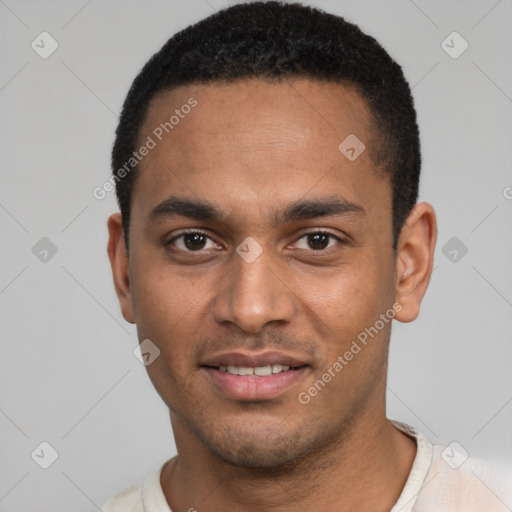 Joyful black young-adult male with short  black hair and brown eyes