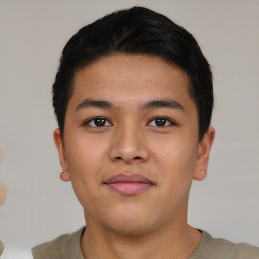 Neutral asian young-adult male with short  brown hair and brown eyes