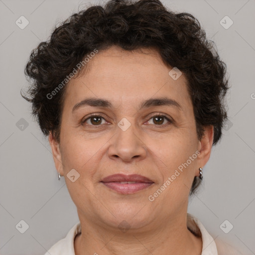 Joyful white adult female with short  brown hair and brown eyes