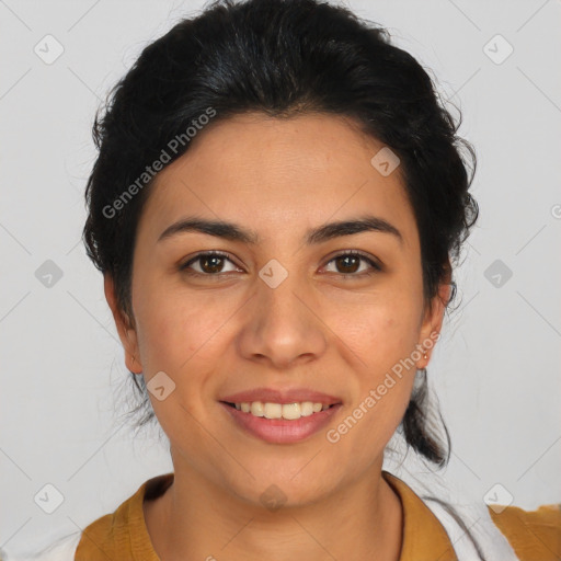 Joyful latino young-adult female with medium  brown hair and brown eyes