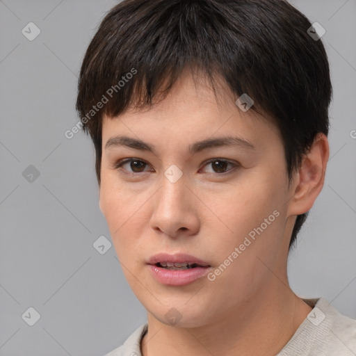 Neutral white young-adult female with short  brown hair and brown eyes