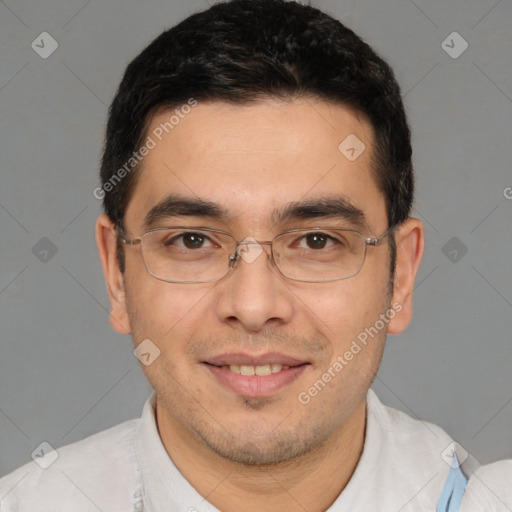 Joyful white adult male with short  black hair and brown eyes