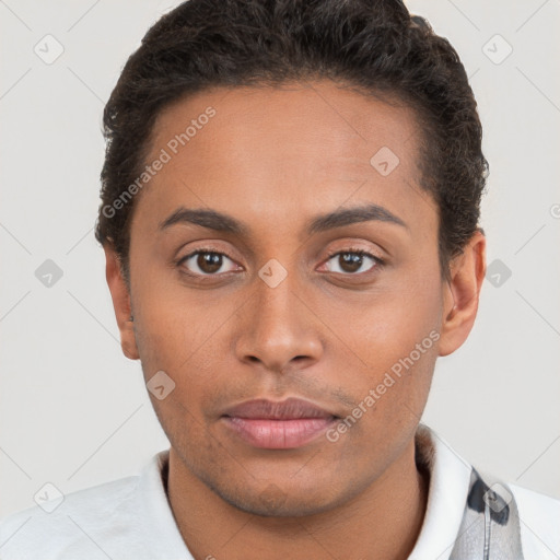 Neutral white young-adult male with short  brown hair and brown eyes