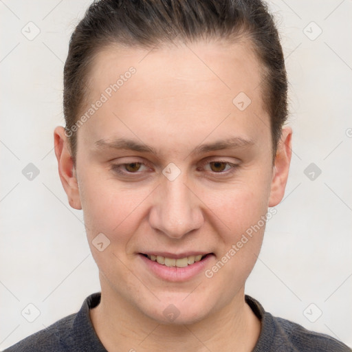 Joyful white young-adult female with short  brown hair and grey eyes