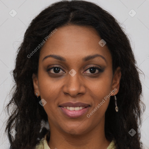 Joyful black young-adult female with long  brown hair and brown eyes