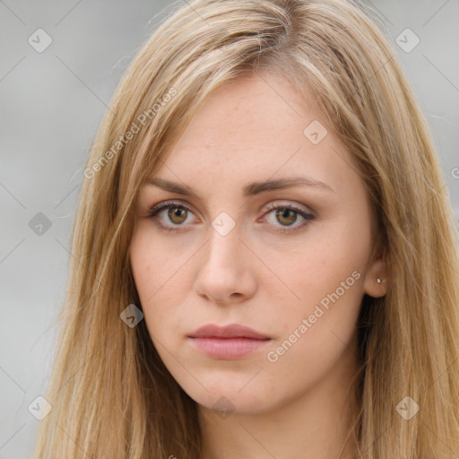 Neutral white young-adult female with long  brown hair and brown eyes