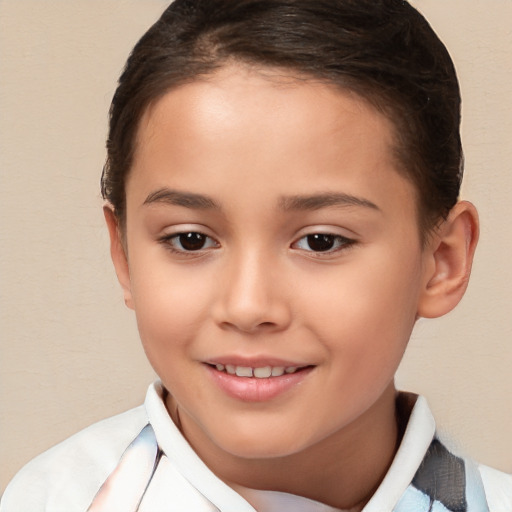 Joyful white child female with short  brown hair and brown eyes