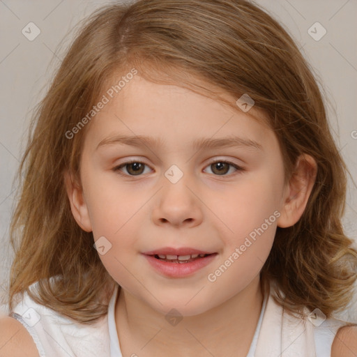 Joyful white child female with medium  brown hair and brown eyes