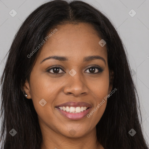 Joyful latino young-adult female with long  brown hair and brown eyes