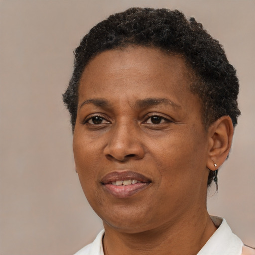 Joyful black adult female with short  brown hair and brown eyes