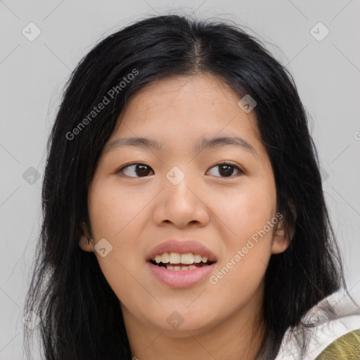 Joyful asian young-adult female with medium  black hair and brown eyes